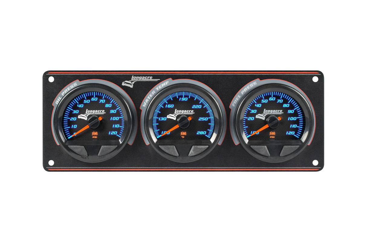 Longacre SMi™ Elite Waterproof Gauge Panel, 3 Gauge Oil Pressure/Water Temperature/Fuel Pressure 120psi